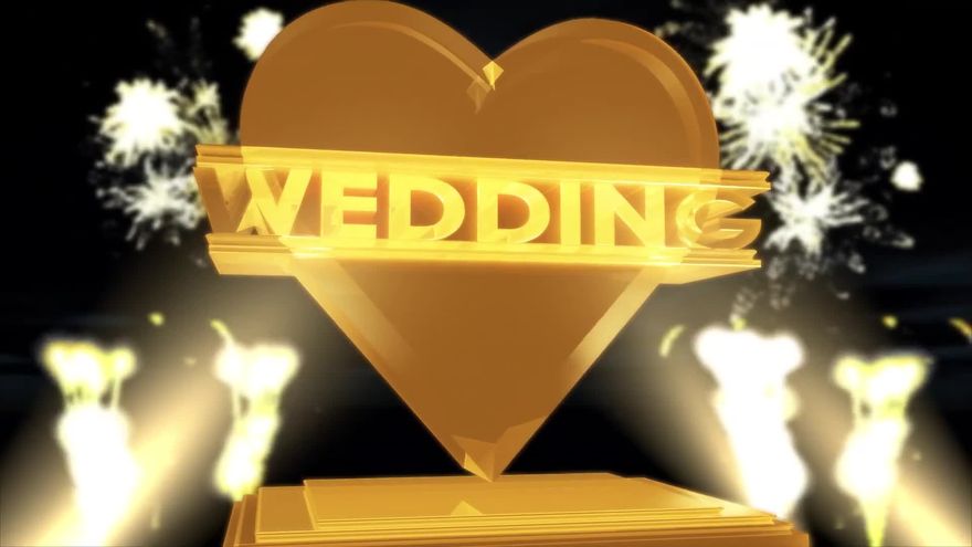 深い緑色の背景に、ガラスのような質感の緑の3DハートとWEDDINGの文字が現れるシーン