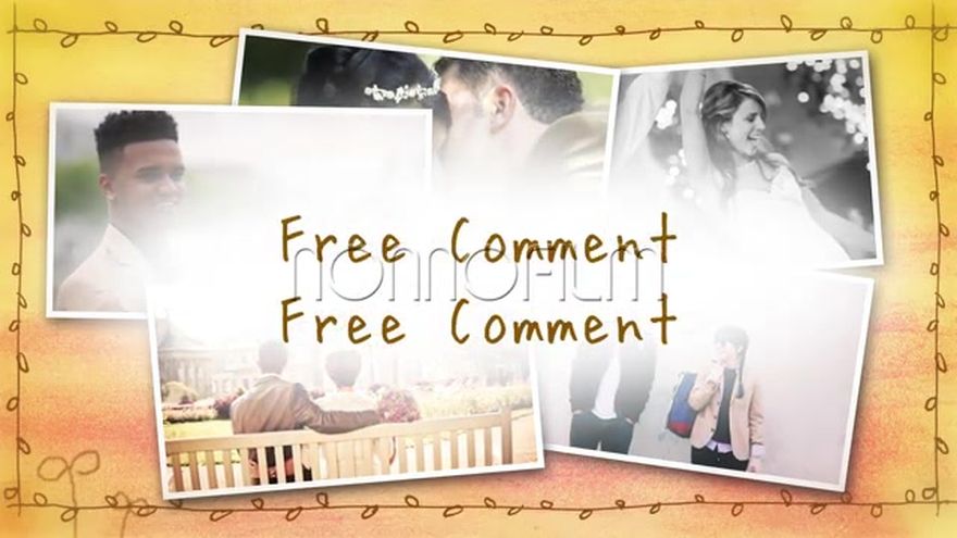 線画のイラストが写真を囲むように配置され、「Free Comment」の文字が添えられたシーン