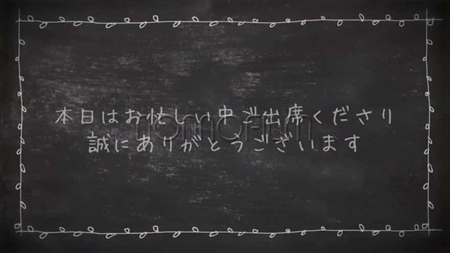 深い緑色の黒板を背景に、チョークで描かれた「Happy Wedding」の文字と装飾