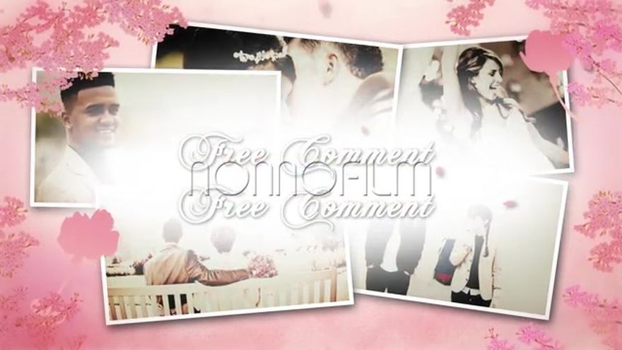 「Free Comment」の文字とともに、舞い散る桜の花びらがお二人の写真を優しく彩るシーン
