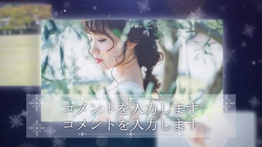 舞い降る雪の結晶と透明な光のフレームの中で、お二人の写真が表示されるシーン