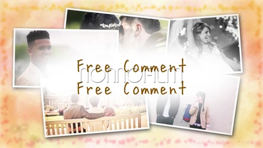 「Free Comment」の文字とともに、水彩の筆跡のようなフレームにお二人の写真が飾られるシーン