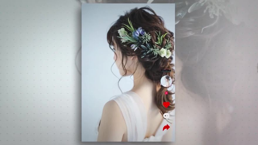 縦長フルスクリーンに花冠の花嫁の写真を表示し右側にいいねやコメントなどSNS風のアイコンを並べたシーン