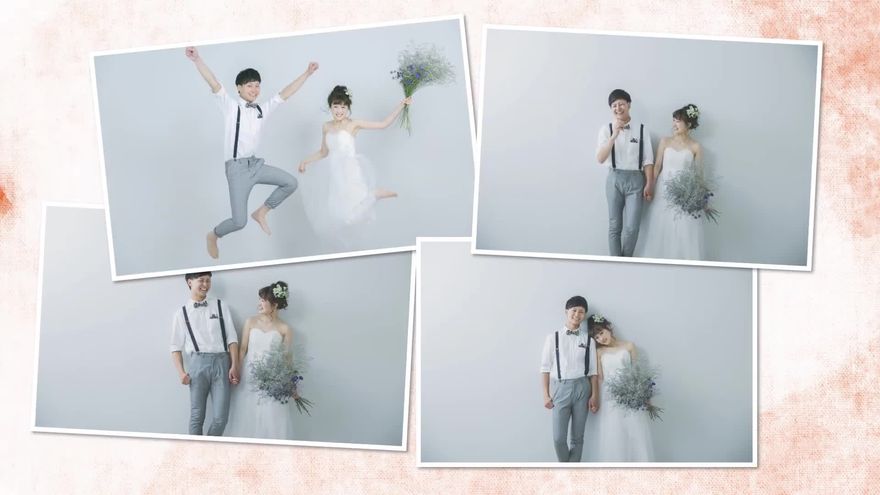 新郎新婦がジャンプしている写真など、3枚の白枠写真が重なるように表示されるシーン