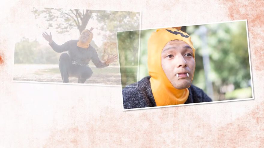 カボチャのコスプレをして牙をつけた男性の写真が2枚並べて表示されるシーン