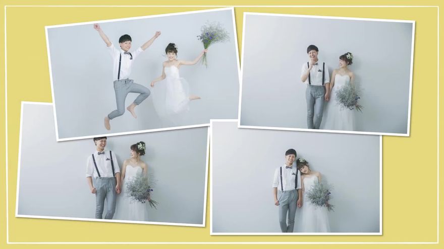 ジャンプする新郎新婦など、4枚の白枠写真がコラージュ風に配置されたシーン