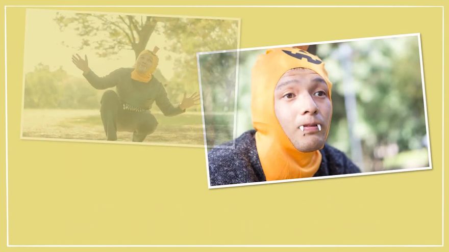 カボチャの被り物をした男性のコミカルな写真が2枚並ぶシーン