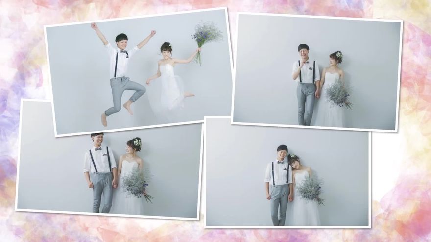 新郎新婦がジャンプしている写真など、3枚の白枠写真が重なるように表示されるシーン