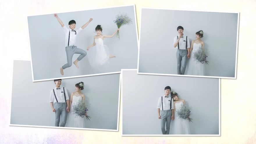 ジャンプする新郎新婦など、4枚の白枠写真が角度をつけて配置されたシーン