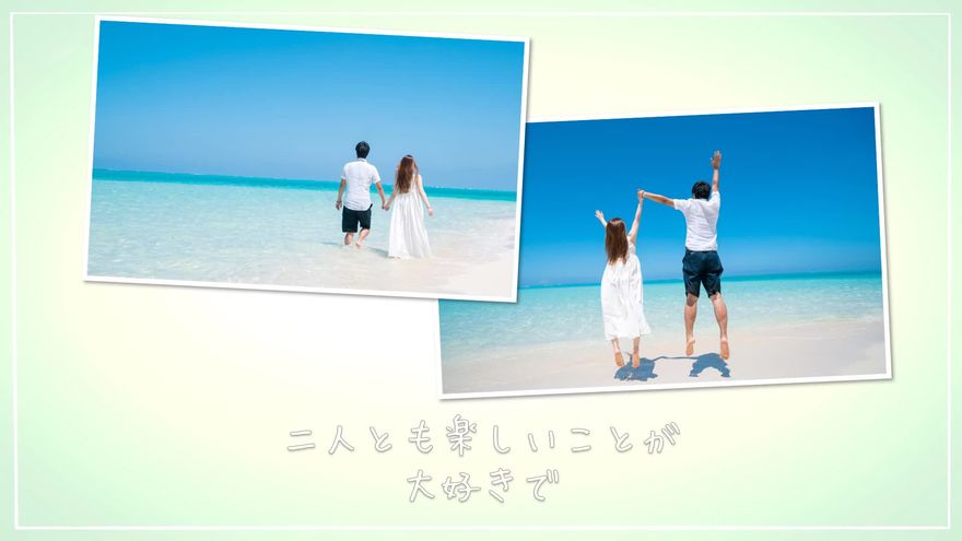 海辺でジャンプしたり寄り添ったりする二人の複数の写真